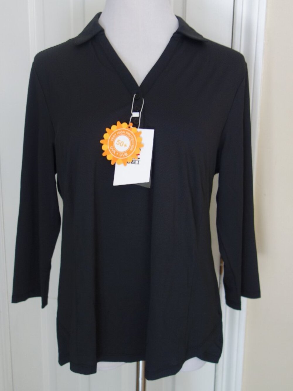 NWT CASEI ¾ Sleeve Black Polo Athletic Top Shirt 50+ UVA + UVB Protection – Larg